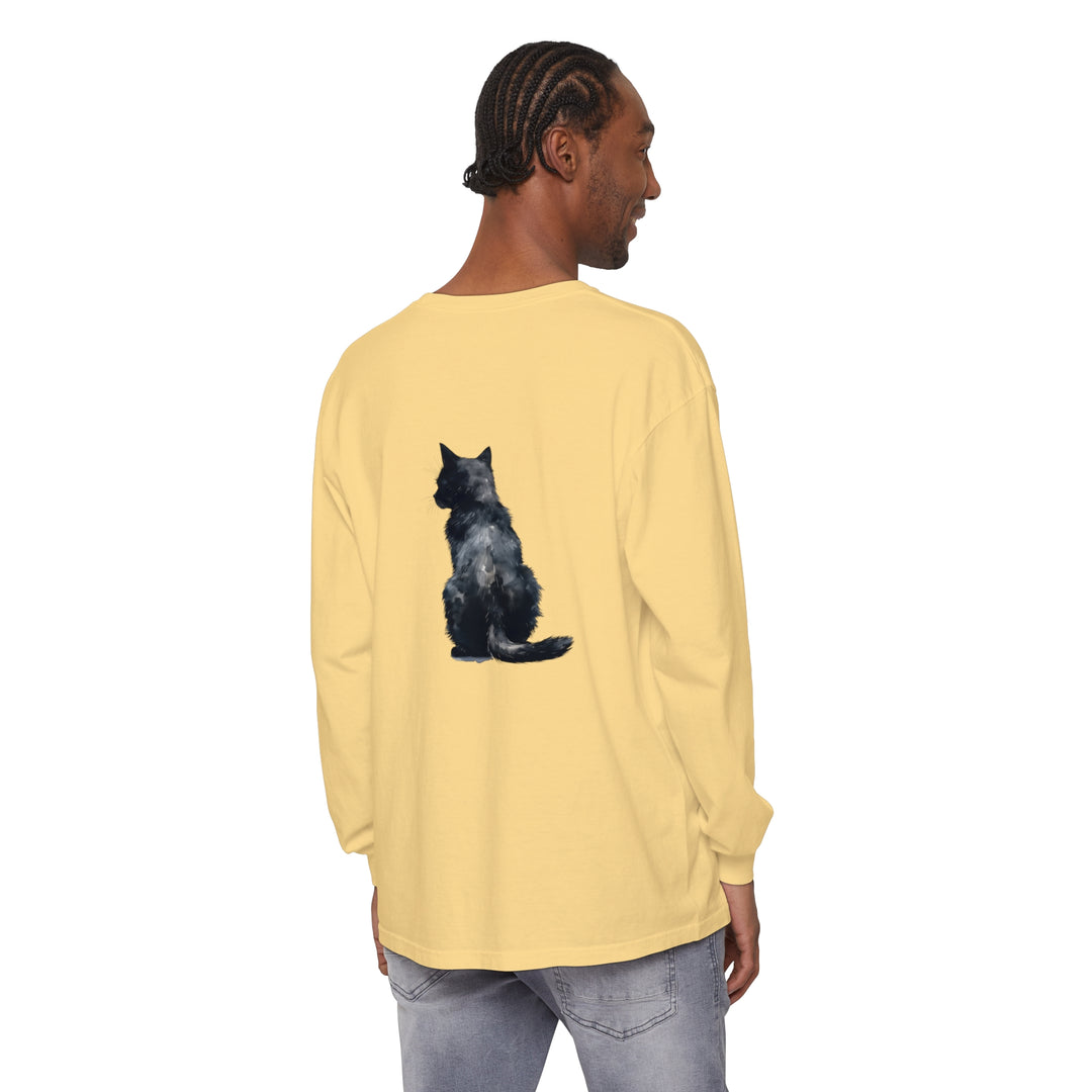 Black Cat Watercolor Long Sleeve T-Shirt featuring a beautiful watercolor design of a black cat on a high-quality, comfortable long sleeve shirt