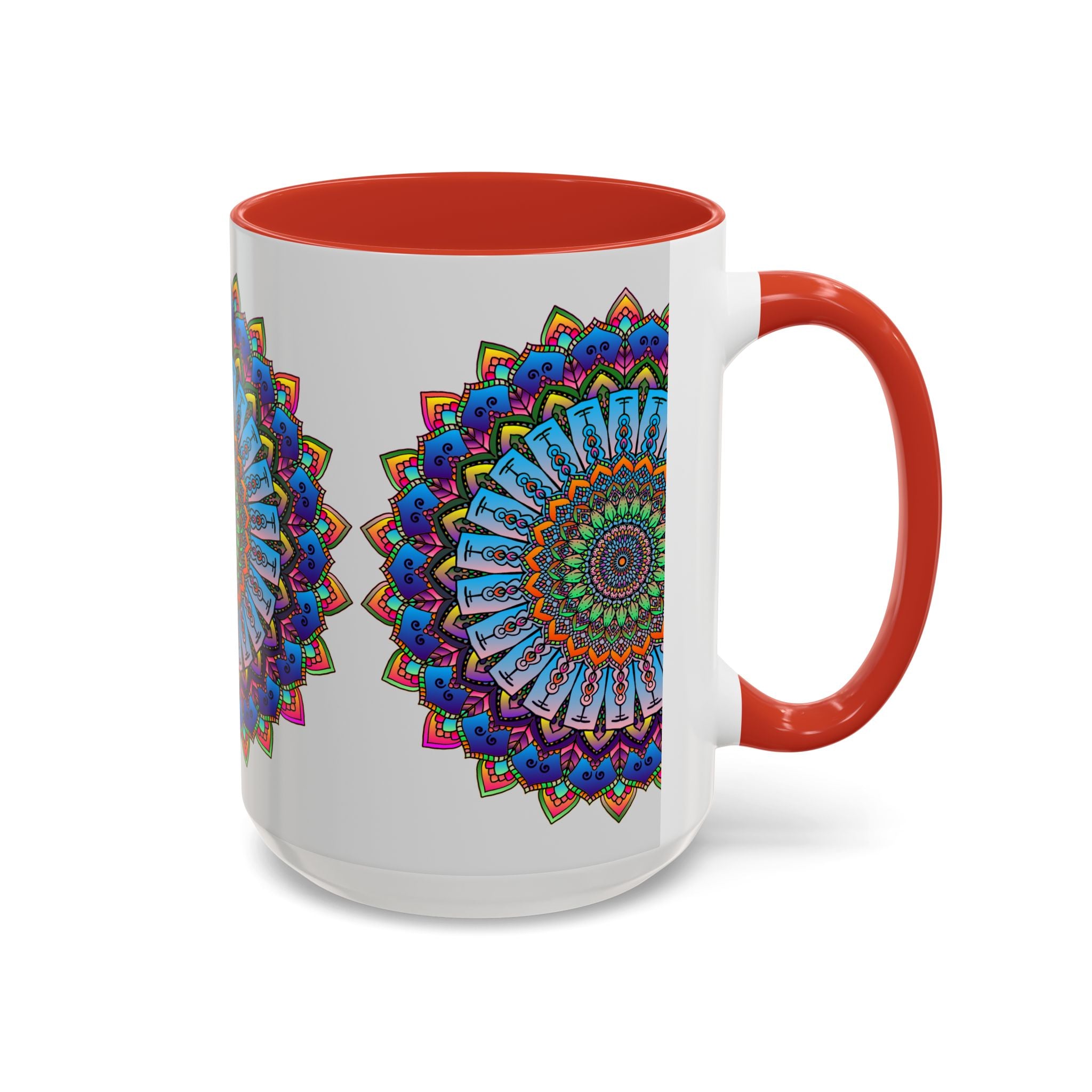 Vibrant mandala mug featuring colorful art on a grey background