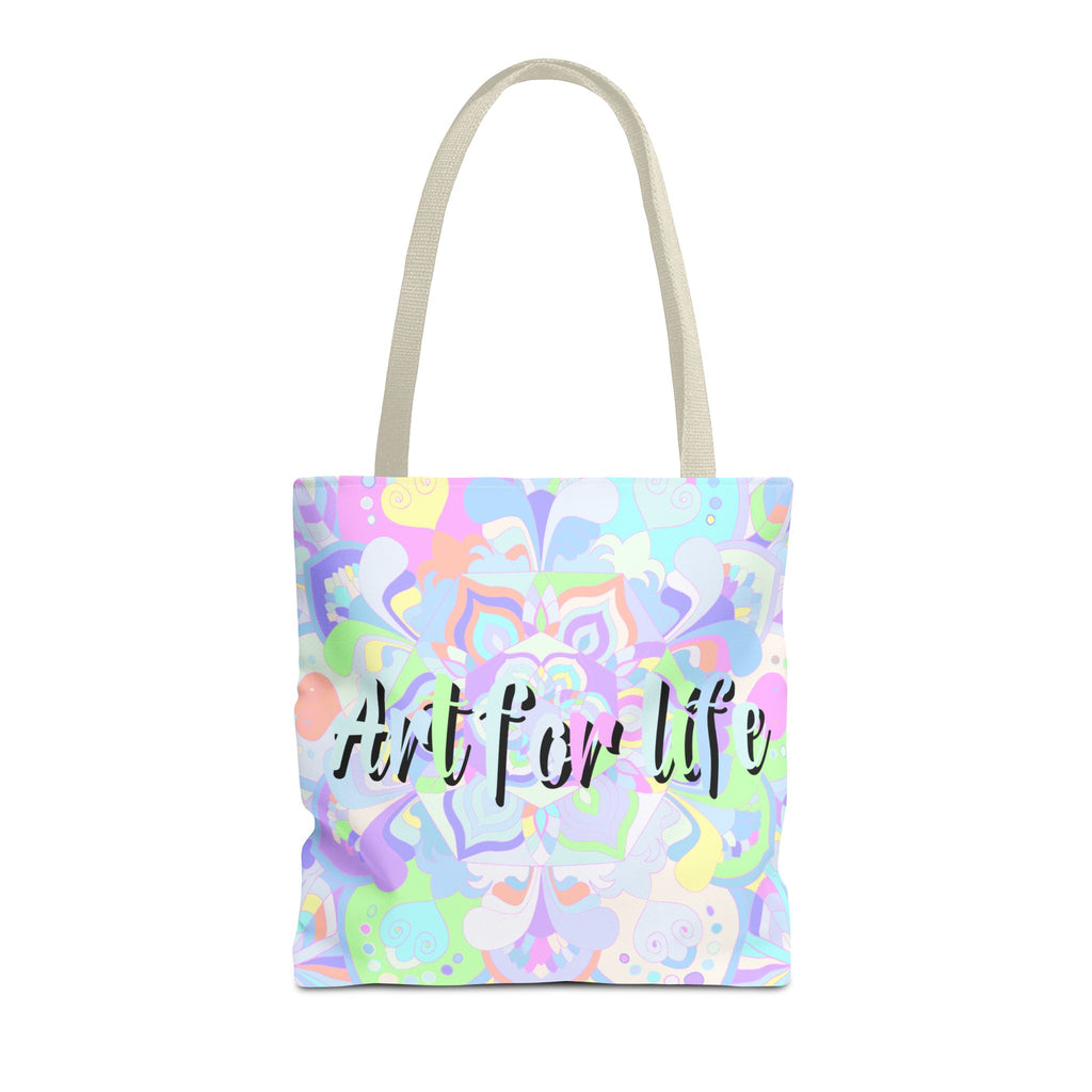 Colorful mandala tote bag with intricate design and inspiring 'Art for Life' quote, perfect for carrying essentials and adding artistic flair to any outfit