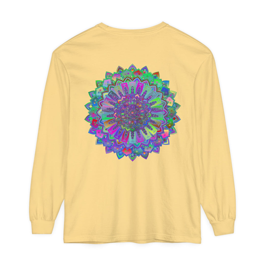 Colorful long sleeve t-shirt with vibrant mandala design, perfect for casual wear