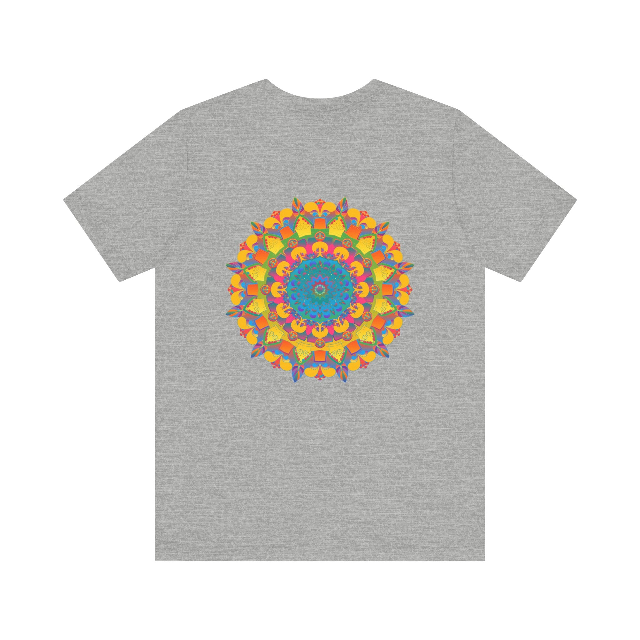 Colorful and intricate mandala design on a t-shirt promoting peace and harmony