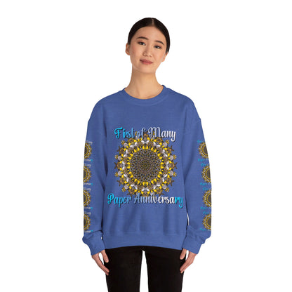 A unisex heavy blend crewneck sweatshirt featuring First of Many, Paper Anniversary for first year wedding anniversary gift