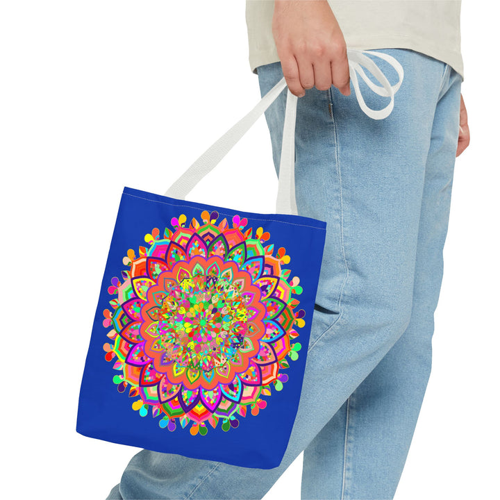 Dark blue tote bag with colorful mandala art design, perfect for carrying books, groceries, and everyday essentials