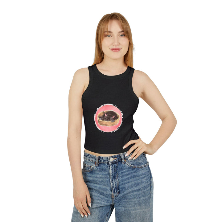 A comfortable and stylish racerback tank top featuring a sleeping black cat design