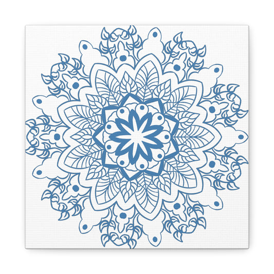 Handmade Mandala Art in Steel Blue with Matte Canvas and Stretched Frame for Wall Decor