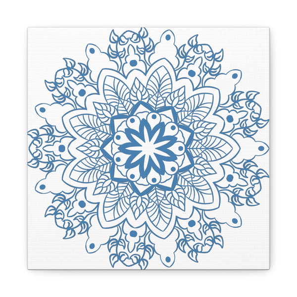 Handmade Mandala Art in Steel Blue with Matte Canvas and Stretched Frame for Wall Decor