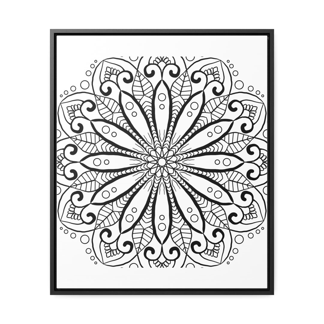 Handcrafted black and white mandala artwork on gallery canvas wraps displayed in vertical frame