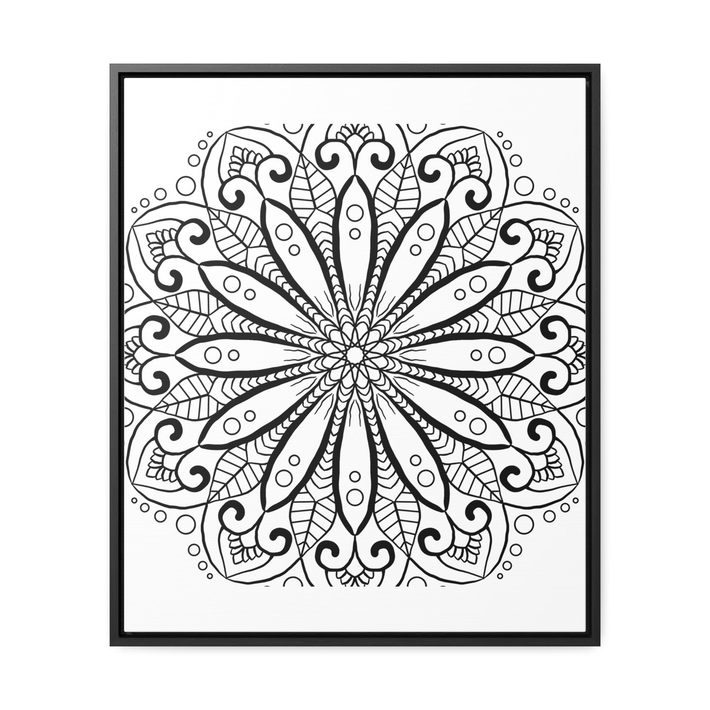 Handcrafted black and white mandala artwork on gallery canvas wraps displayed in vertical frame