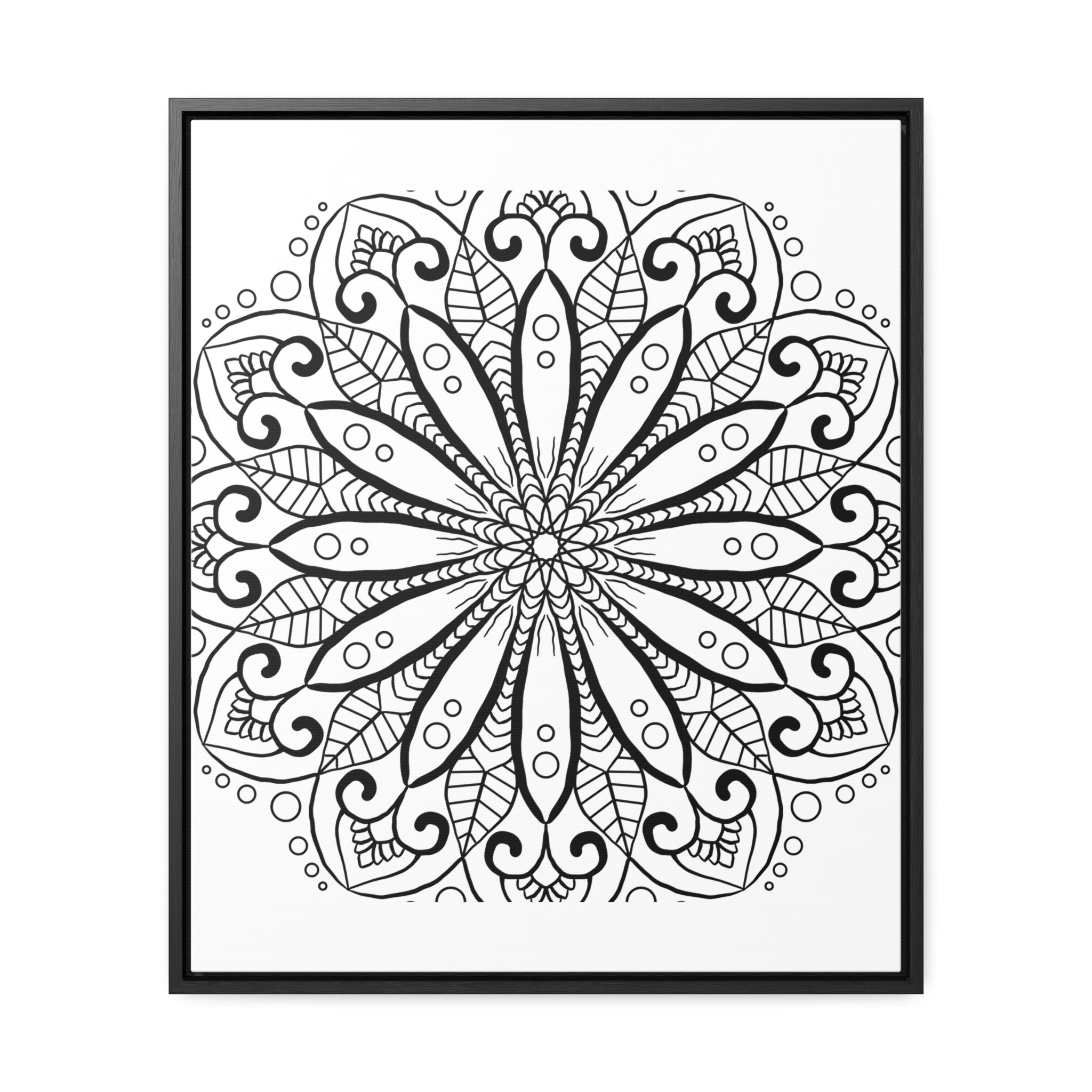 Handcrafted black and white mandala artwork on gallery canvas wraps displayed in vertical frame