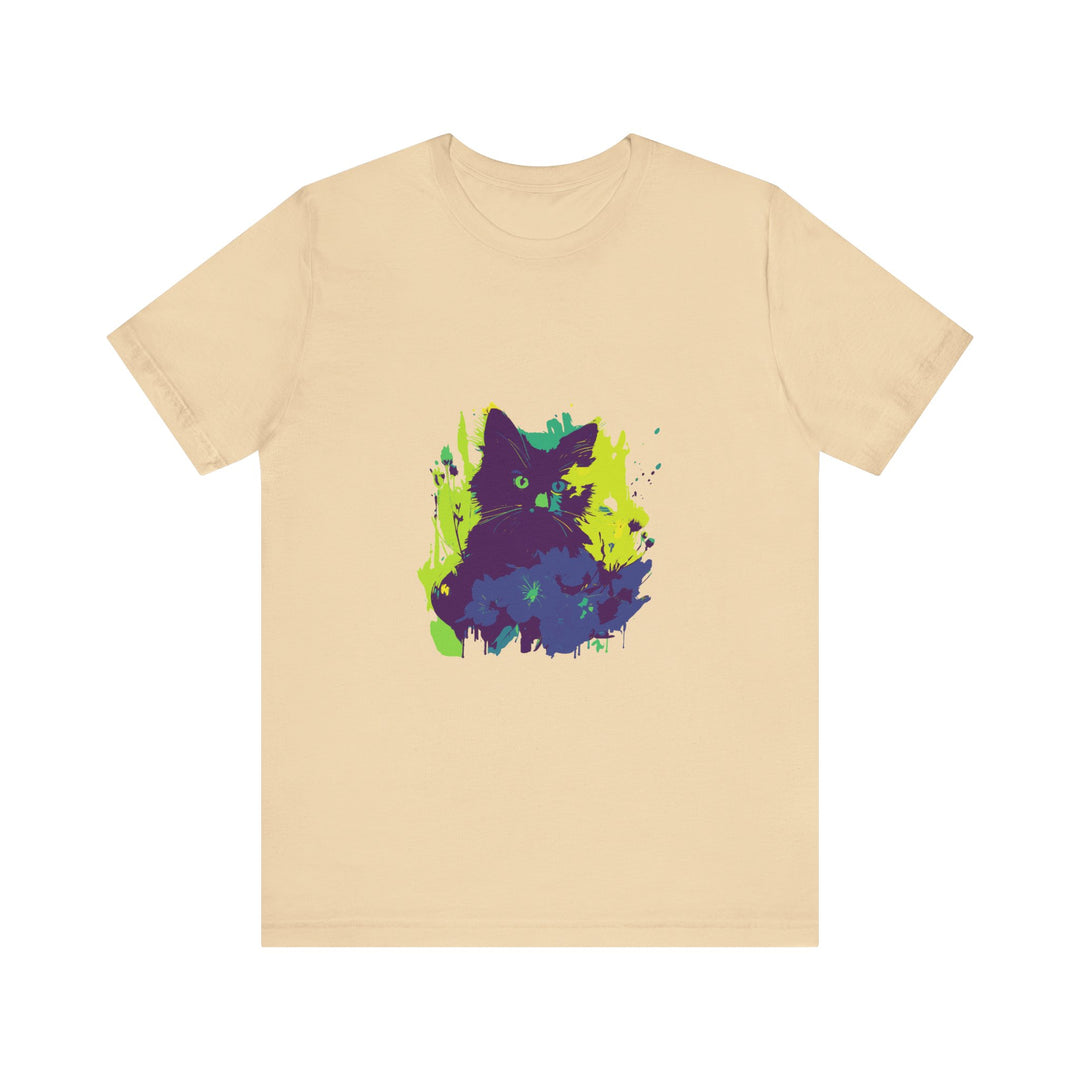 Black Cat Mystery - Abstract T-Shirt shown in a stylish, black and white design with a mysterious feline silhouette