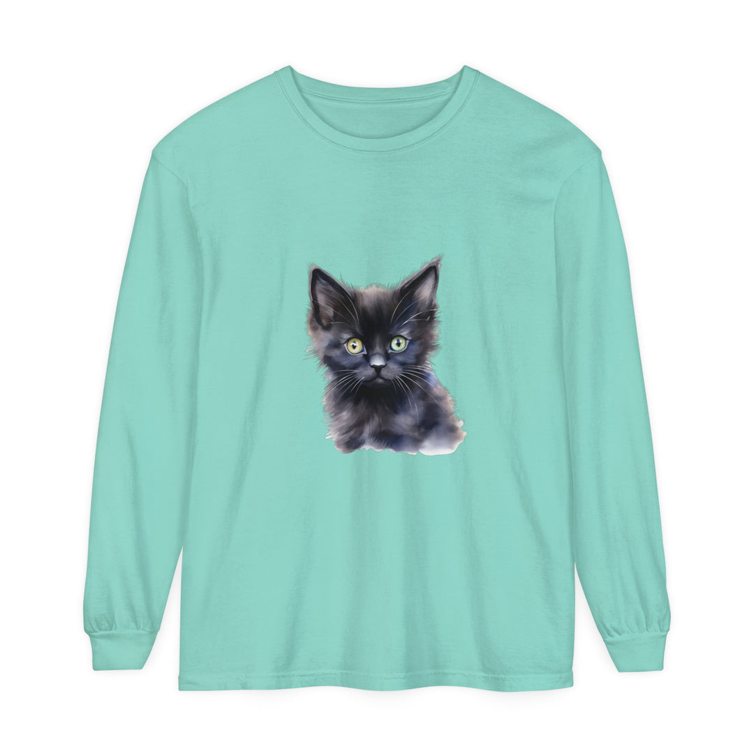 Black unisex long sleeve t-shirt with a cute and mystical kitten design