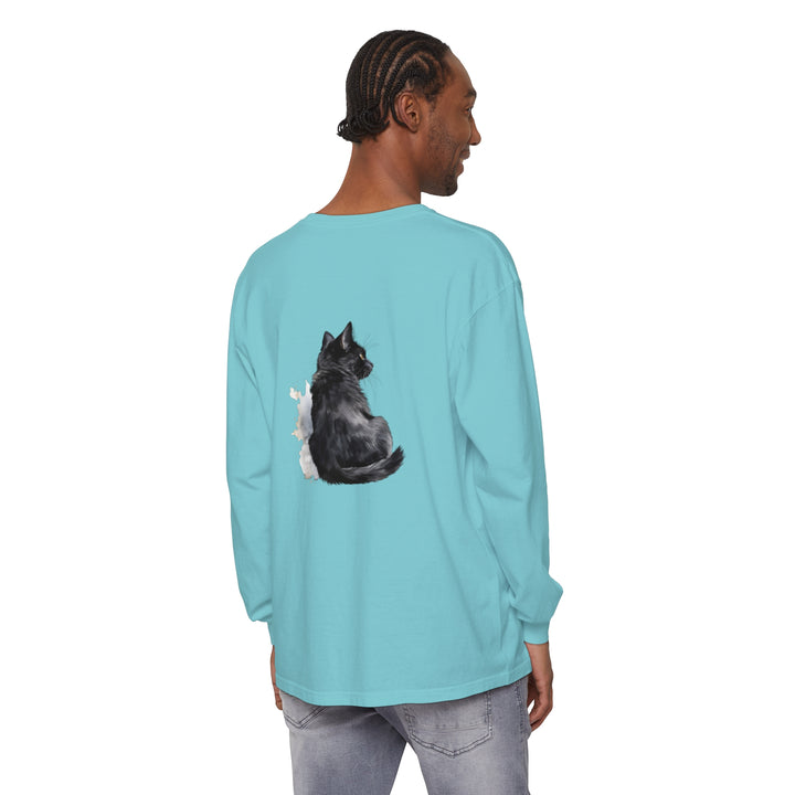 Black Cat Watercolor Unisex Long Sleeve T-Shirt featuring a beautiful watercolor design of a black cat on a high-quality, comfortable long sleeve shirt