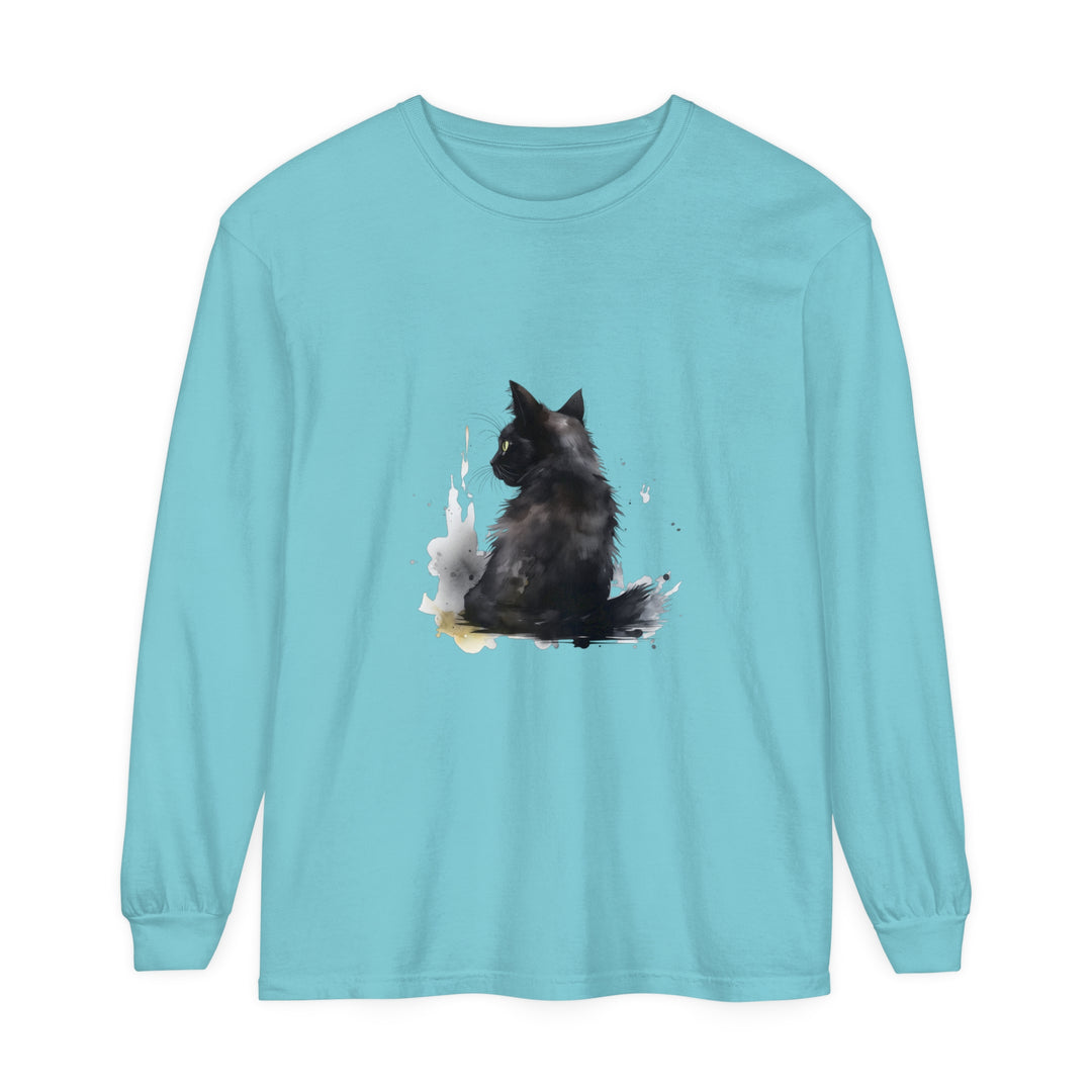 Black Cat Watercolor Dream - Long Sleeve T-Shirt featuring a colorful, artistic design of a black cat surrounded by dreamy watercolor patterns