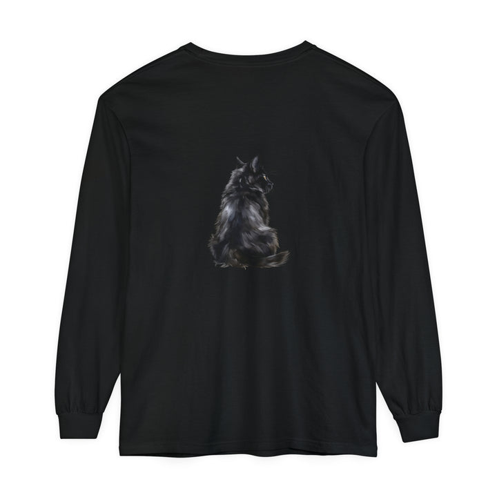 A close-up image of a black long sleeve t-shirt with a mystical black cat design on the front