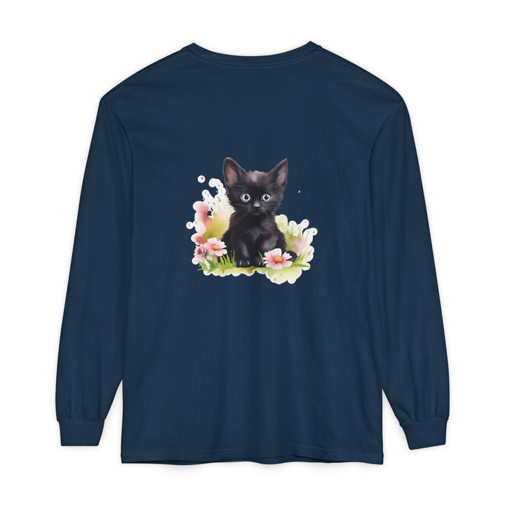 Black Kitten & Pink Flowers Long Sleeve T-Shirt