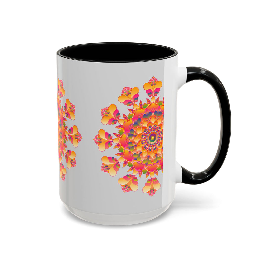 A vibrant and intricately designed mandala art mug featuring a colorful floral pattern