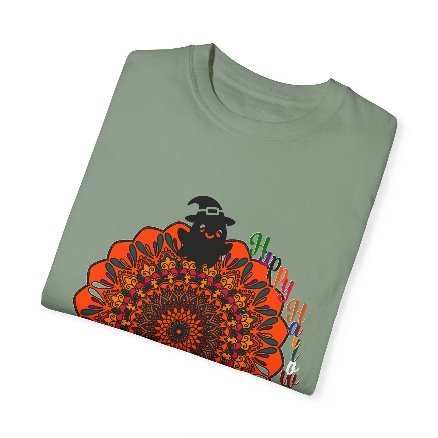 Handmade unisex Halloween Mandala T-shirt featuring intricate pumpkin mandala art on garment-dyed tee