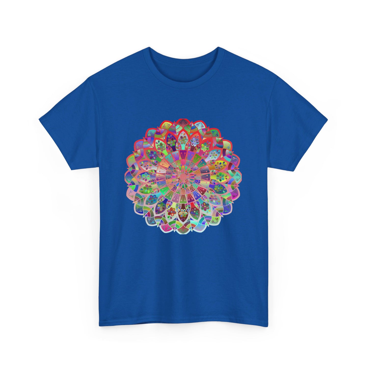 Colorful mandala art design printed on a soft, heavyweight cotton unisex t-shirt for yoga and mindfulness enthusiasts