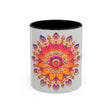 Vibrant Mandala Art Mug featuring intricate design, bright colors on grey background