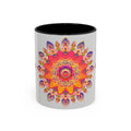 Vibrant Mandala Art Mug featuring intricate design, bright colors on grey background
