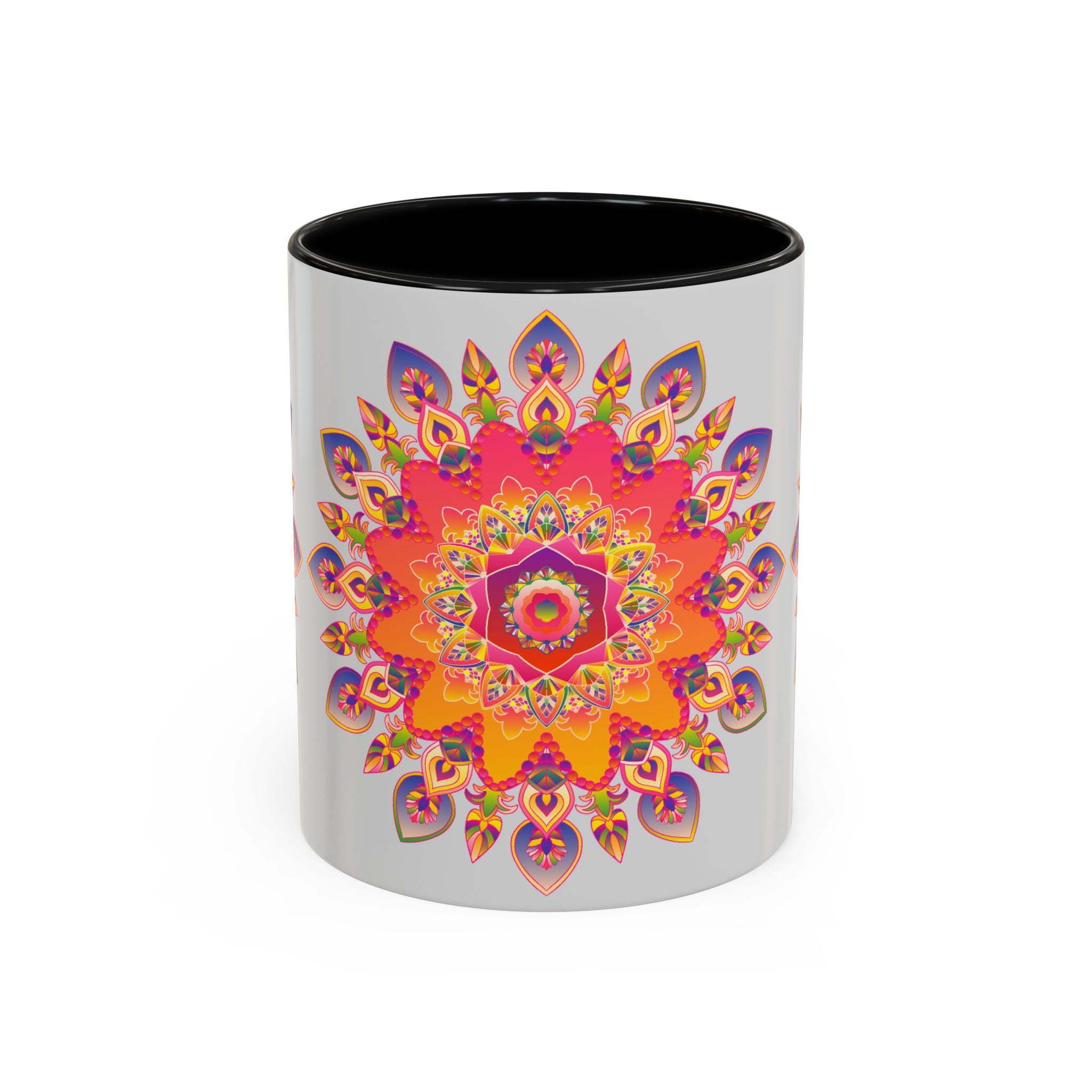 Vibrant Mandala Art Mug featuring intricate design, bright colors on grey background