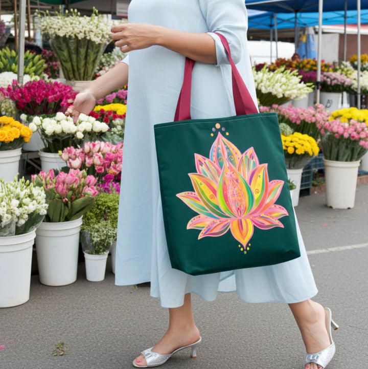 Lotus Blossom Energy Tote – Deep Green Canvas with Artistic Print