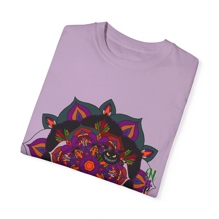 Unisex Halloween Mandala T-shirt with Handmade Pumpkin Art on Garment-Dyed Tee