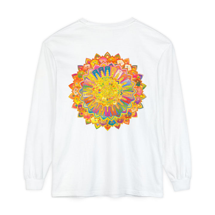 Intricately designed black and white mandala pattern on unisex long sleeve t-shirt