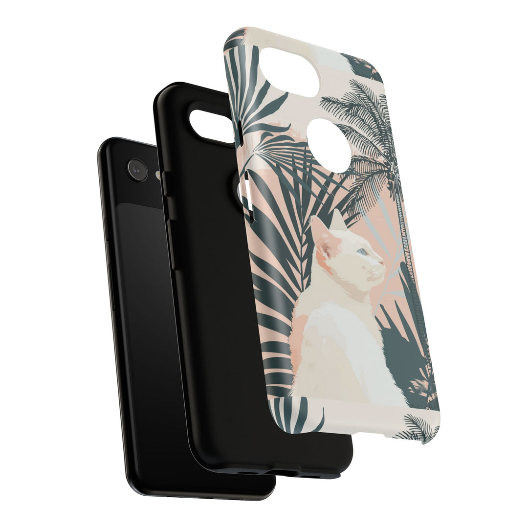 Tropische Katzen-Telefonhülle mit üppigen Palmenmotiven und sanften Pastelltönen