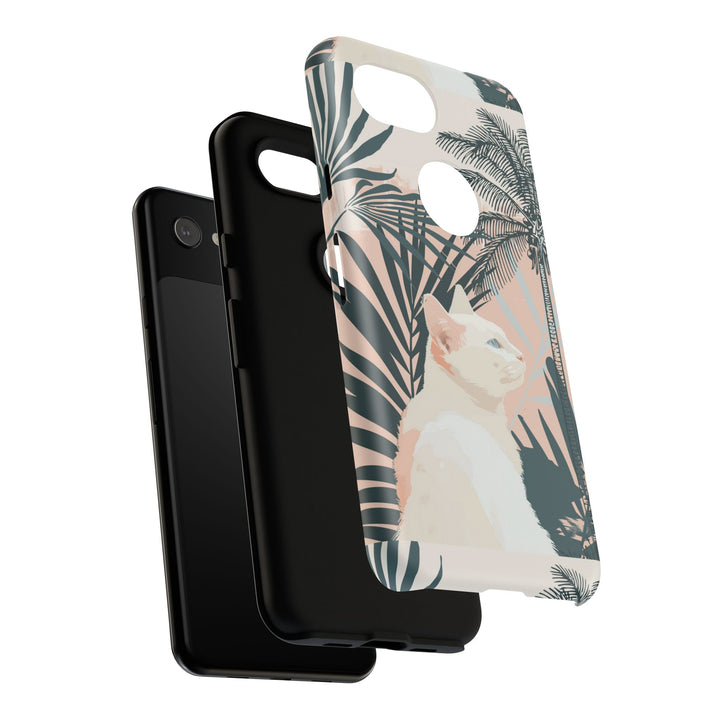 Tropische Katzen-Telefonhülle mit üppigen Palmenmotiven und sanften Pastelltönen