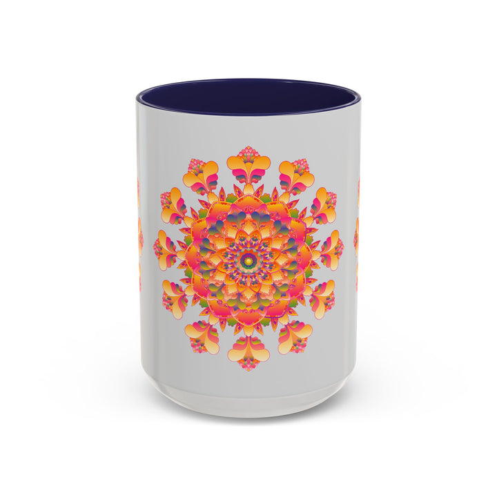 A vibrant and intricate mandala art mug with a colorful floral design