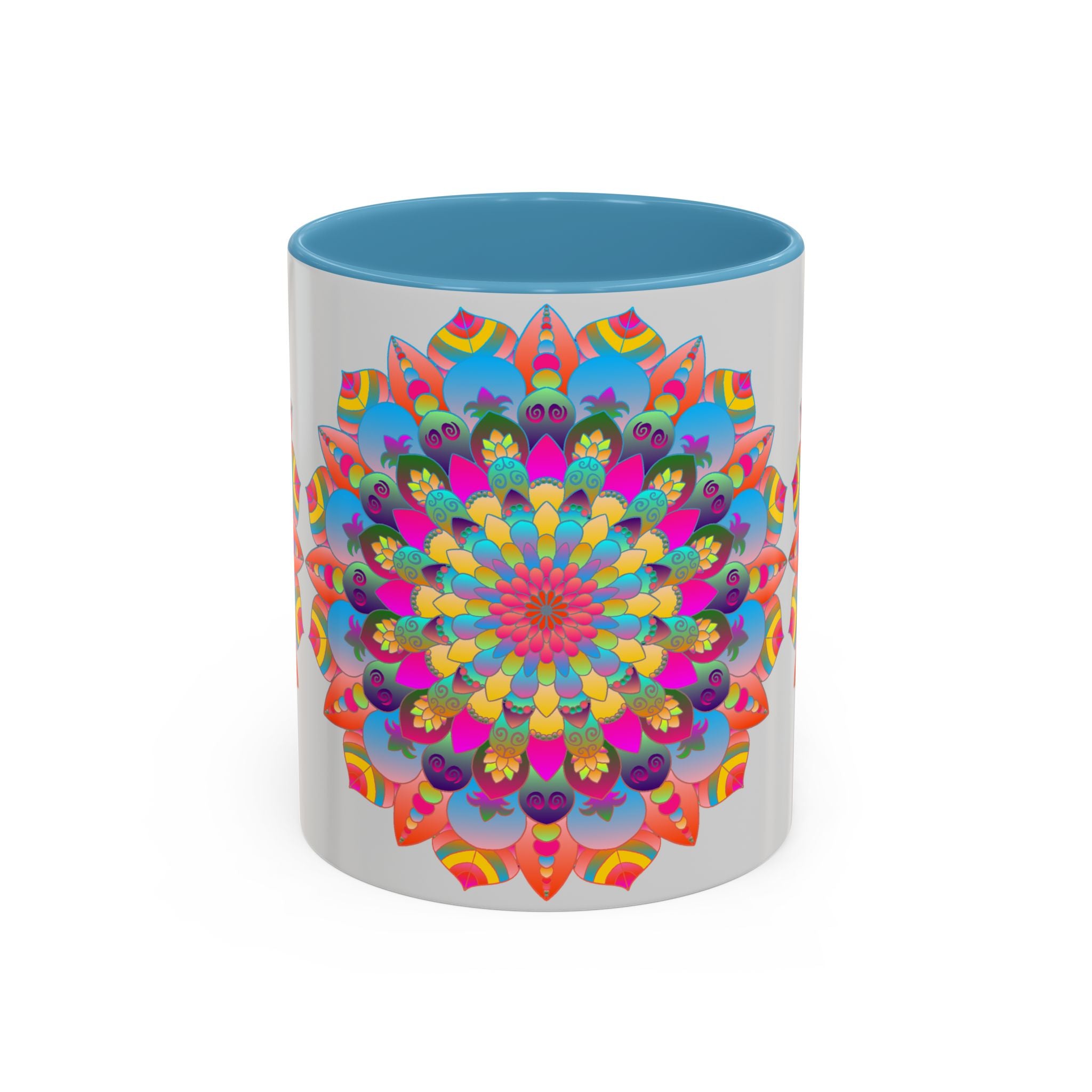 Vibrant and intricately designed Mandala Art Mug featuring a colorful circular pattern