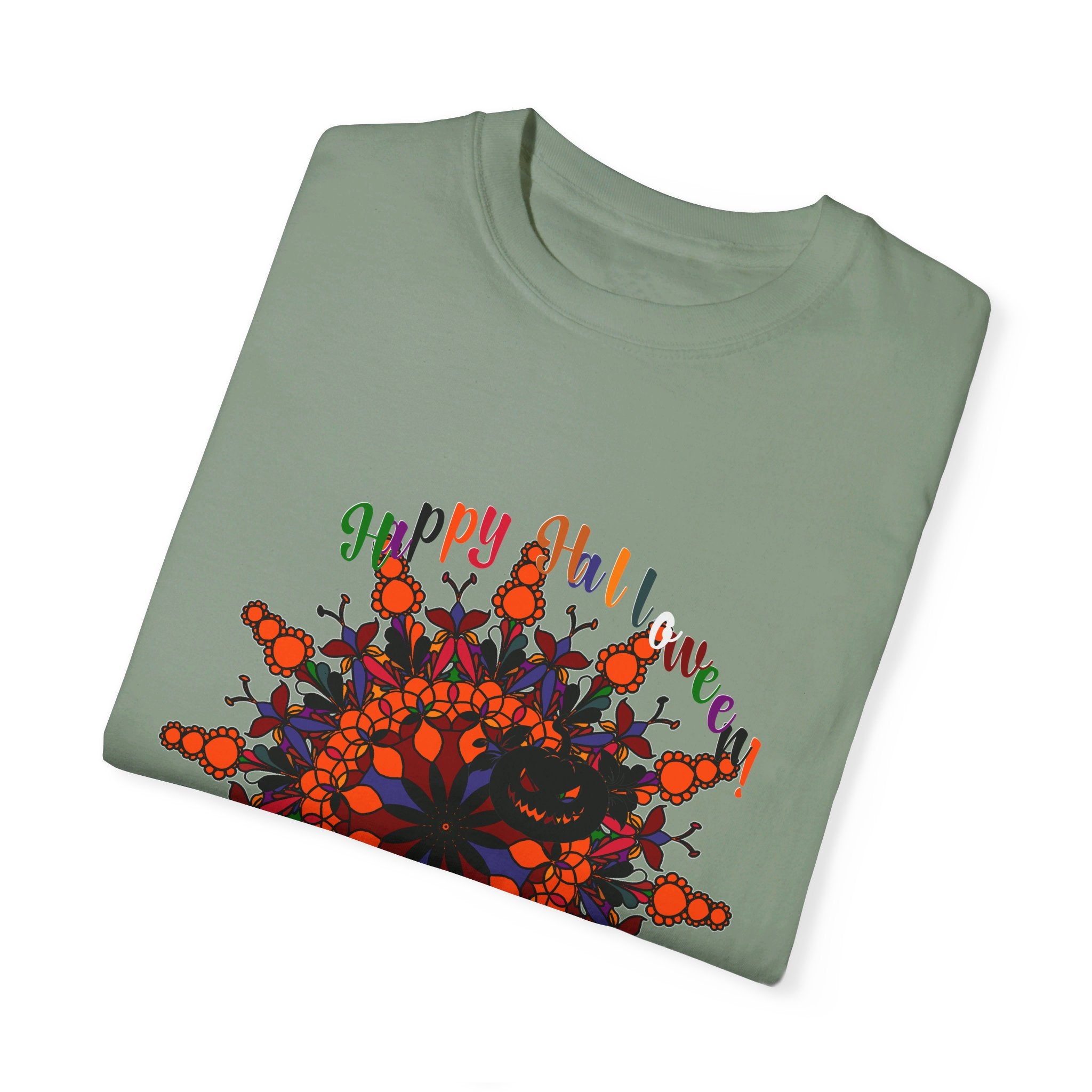 Orange unisex t-shirt featuring handmade pumpkin mandala art for Halloween