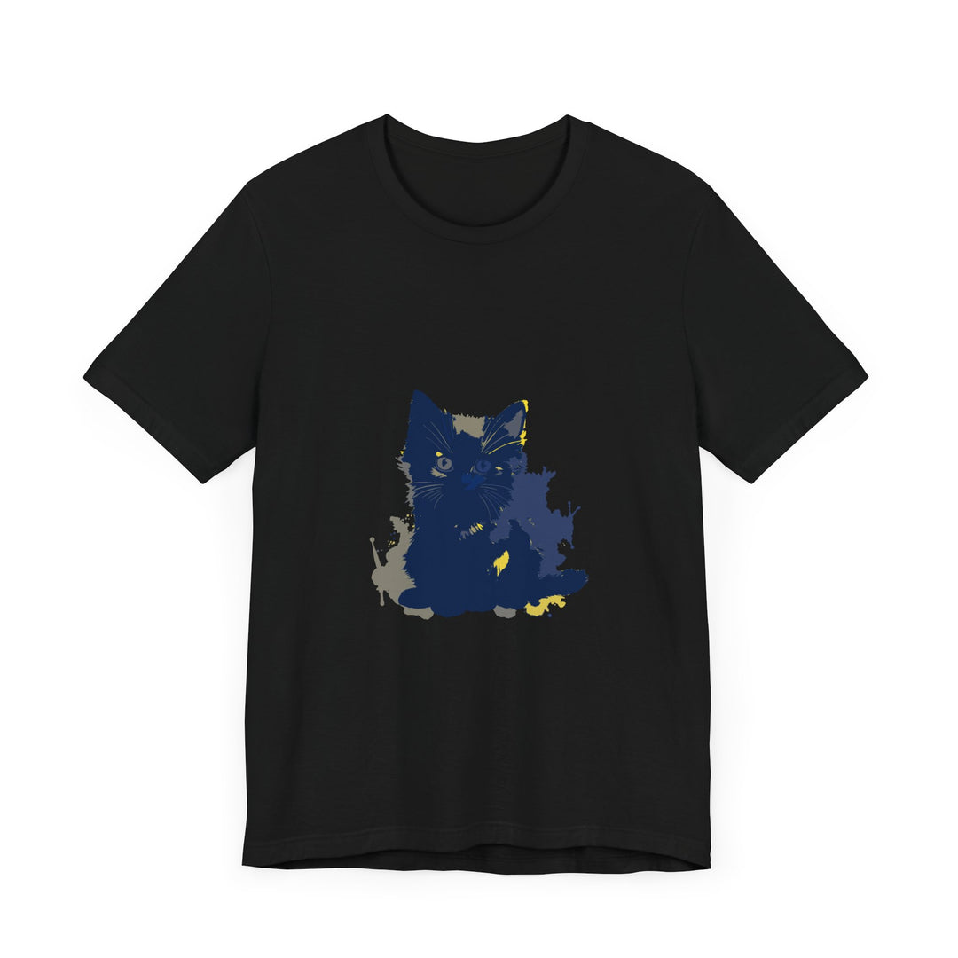 Midnight Blue Cat Mystery T-Shirt featuring a whimsical feline design on a deep blue background, perfect for cat lovers and fans of unique fashion