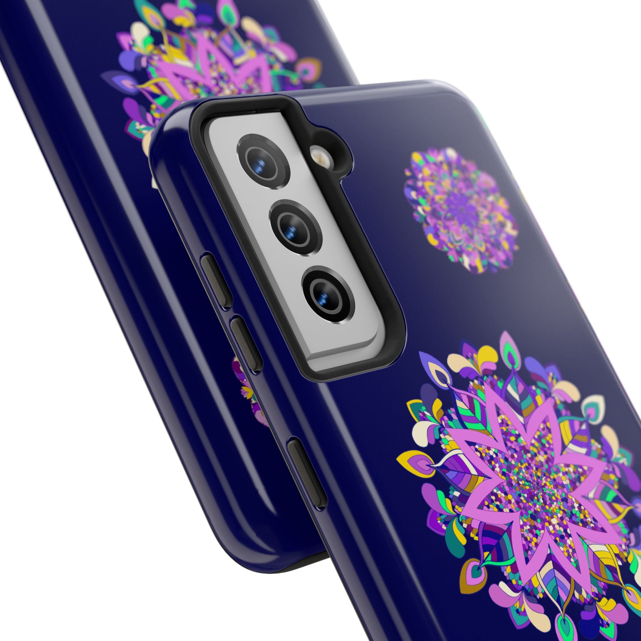 Hand drawn mandala art purple shades phone case featuring durable and shock absorbent design for ultimate protection and style