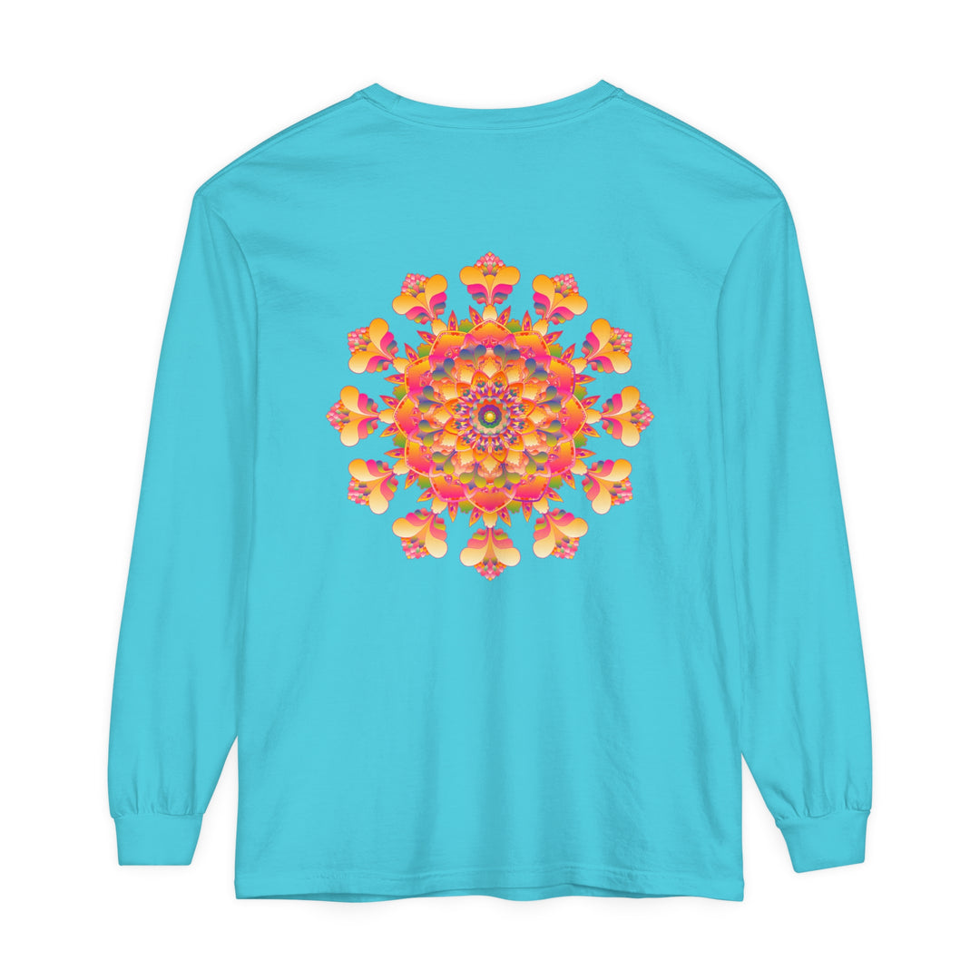 Colorful and detailed mandala design long sleeve t-shirt, suitable for both men and women, available in multiple sizes and vibrant shades