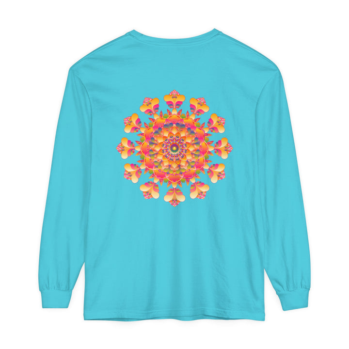 Colorful and detailed mandala design long sleeve t-shirt, suitable for both men and women, available in multiple sizes and vibrant shades