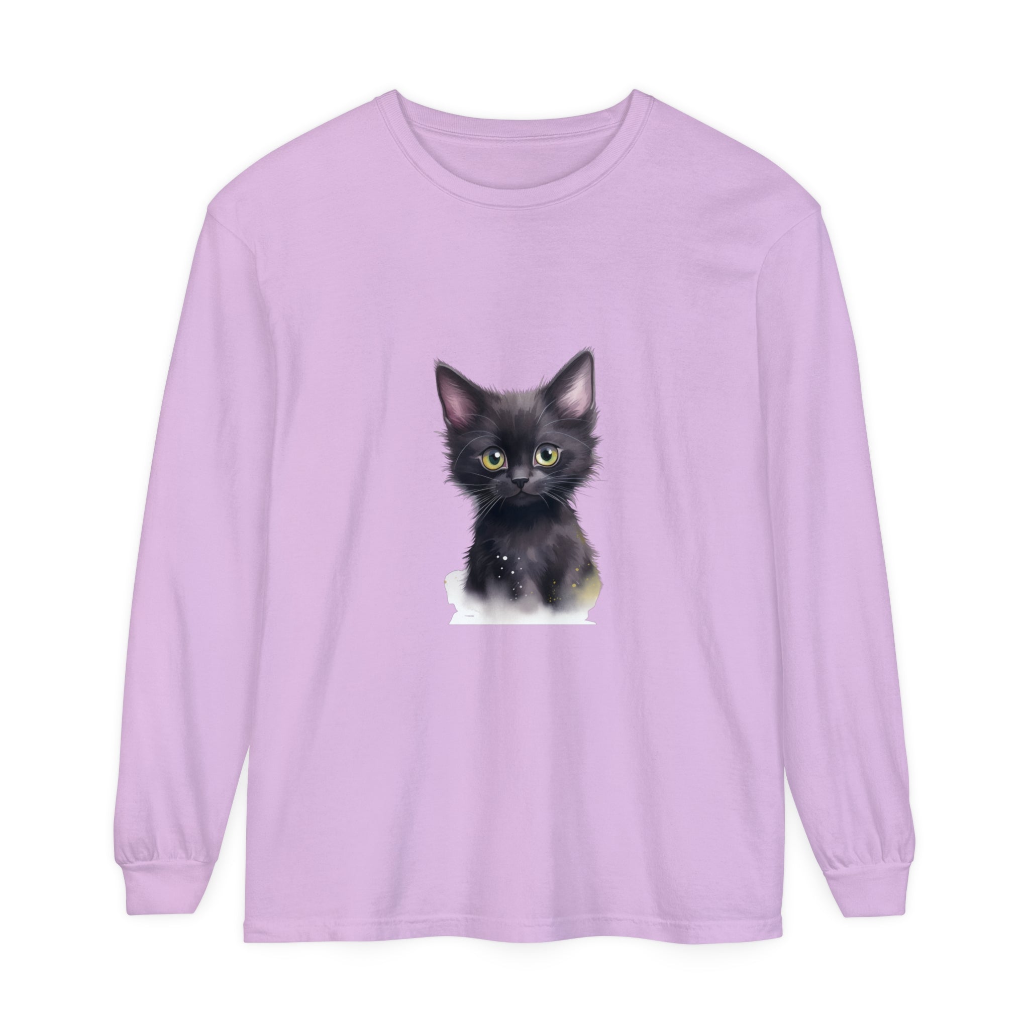 A photo of a cute black kitten with vibrant green eyes printed on a t-shirt