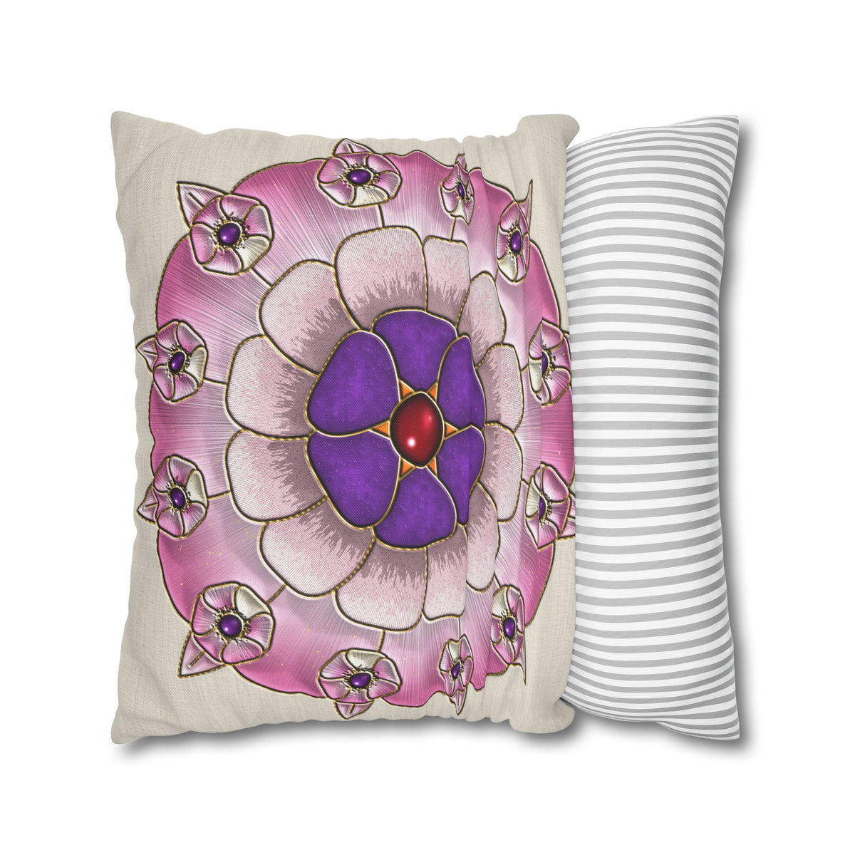 Federa quadrata con motivo a mandala floreale rosa e viola