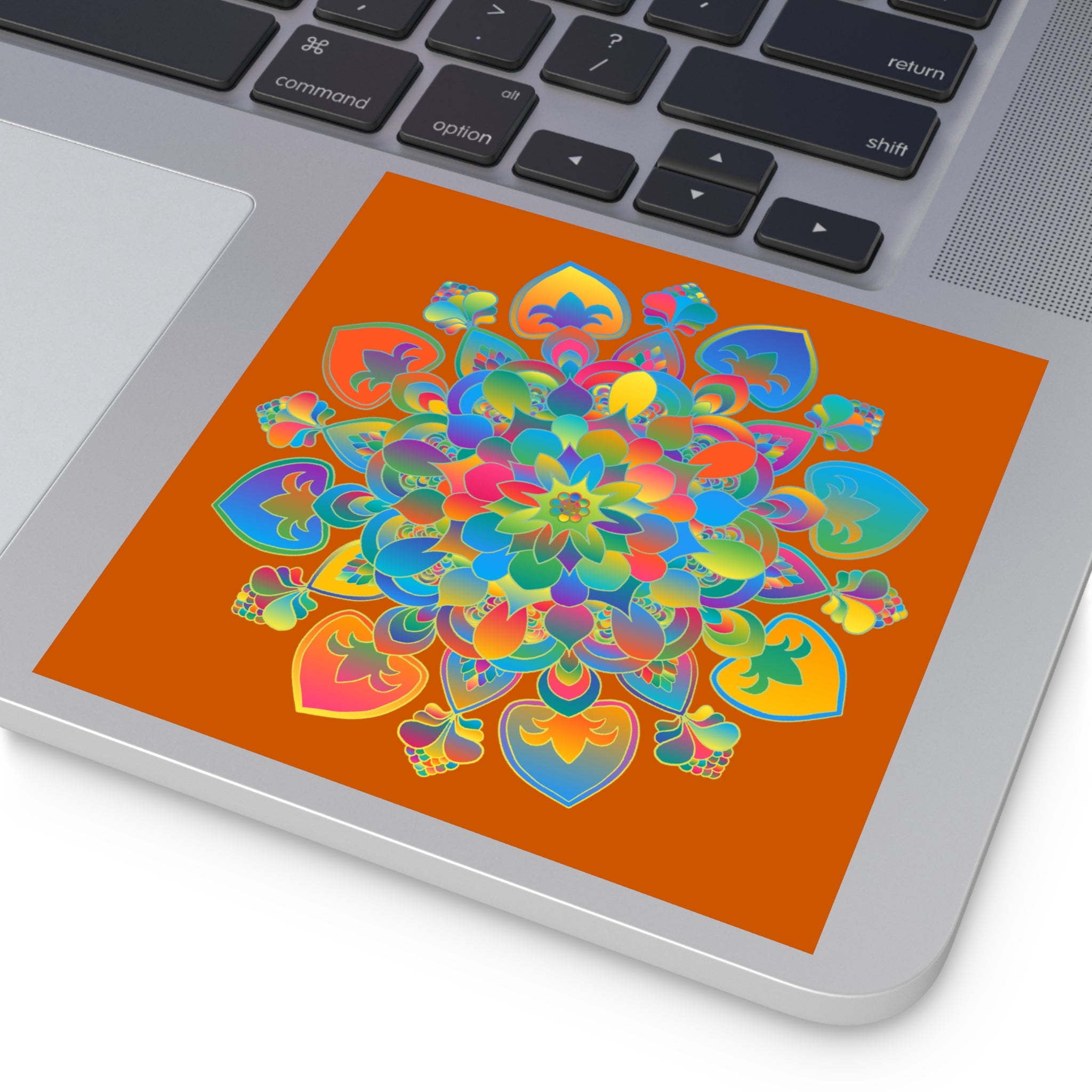 Handgezeichnete Mandala-Laminieraufkleber – Gold, Rot und Grün auf gebranntem Orange