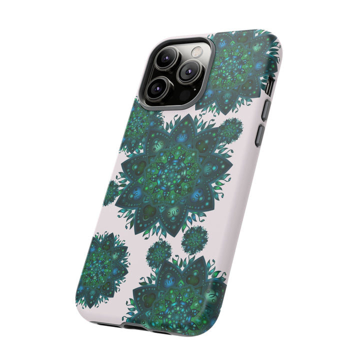 Beautiful light pink and green mandala phone case with a peaceful and intricate design