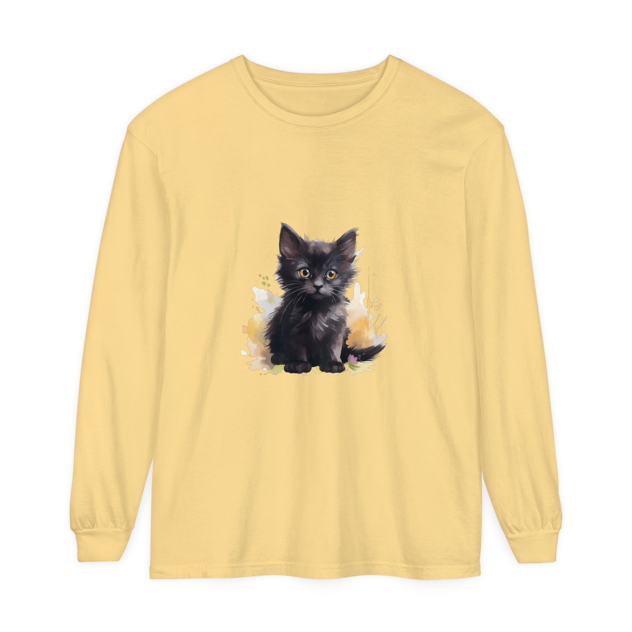 Black Kitten Watercolor Splash T-Shirt with adorable kitten design and vibrant watercolor splash print on soft, comfortable black fabric