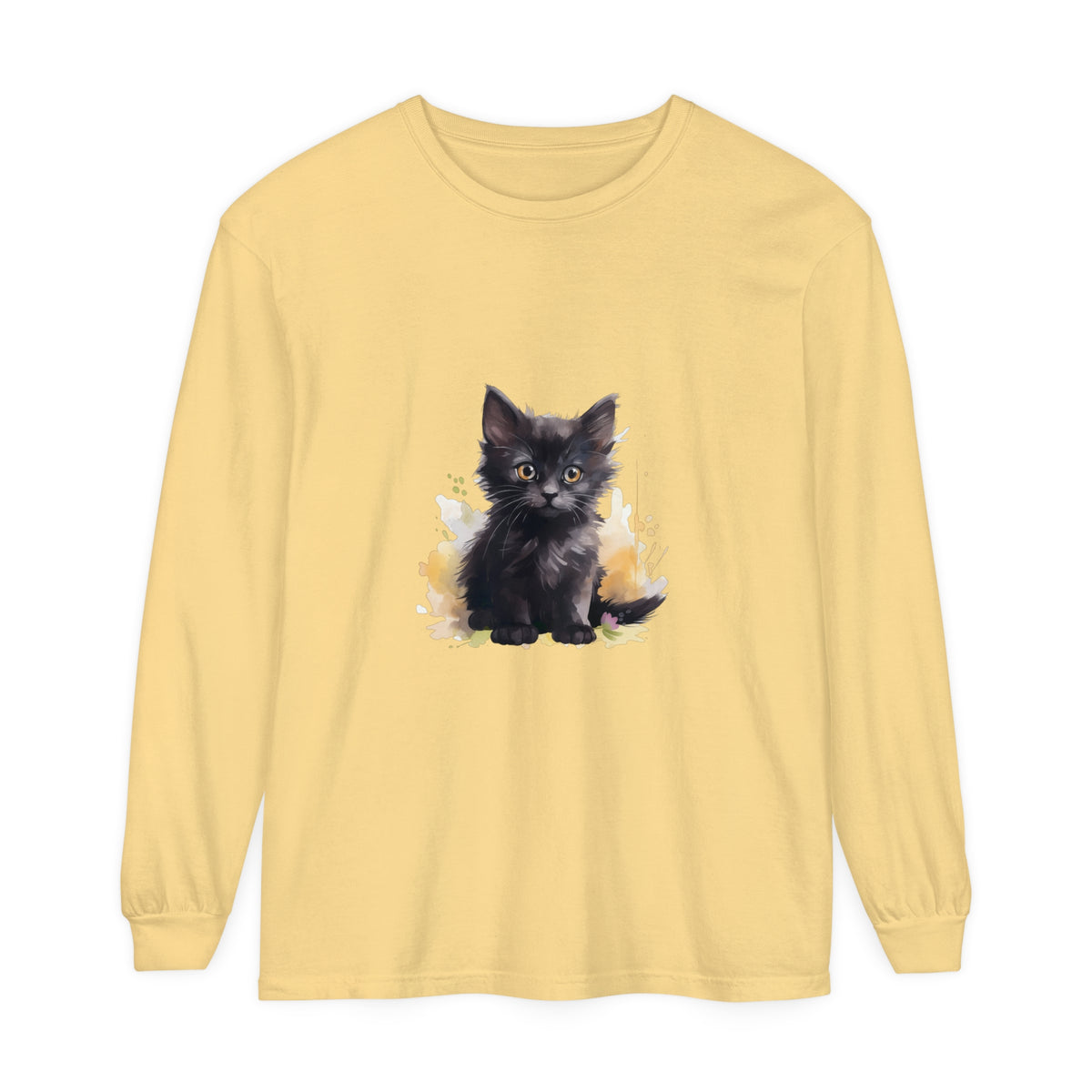 Black Kitten Watercolor Splash T-Shirt with adorable kitten design and vibrant watercolor splash print on soft, comfortable black fabric