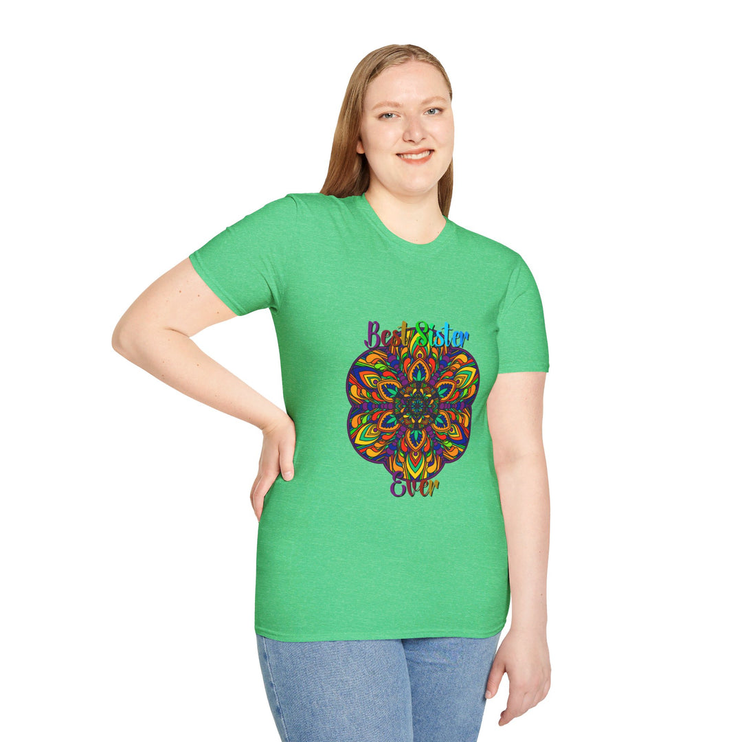 Colorful and intricate mandala art design on softstyle unisex t-shirt, perfect gift for sister with hand-drawn details