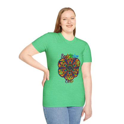 Colorful and intricate mandala art design on softstyle unisex t-shirt, perfect gift for sister with hand-drawn details