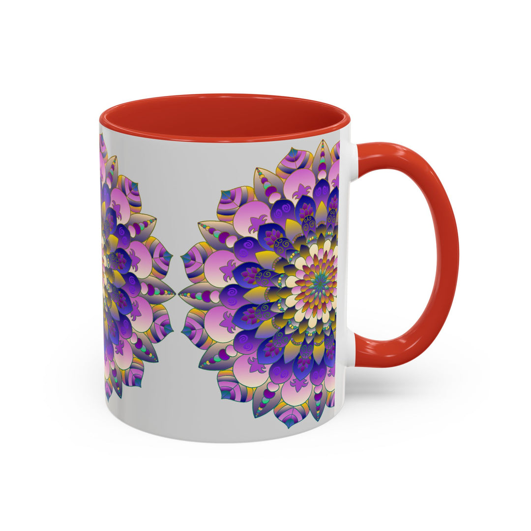 Beautiful mandala art mug featuring vibrant colors on a grey background