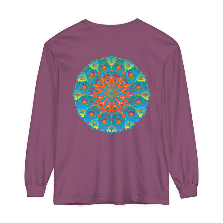 Colorful long sleeve t-shirt with a vibrant rainbow mandala design