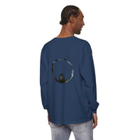 A close-up image of a Mystifying Sphere Unisex Long Sleeve T-Shirt in black, featuring a mysterious and captivating design of an otherworldly sphere surrounded by swirling patterns, perfect for adding a touch of intrigue and style to any outfit