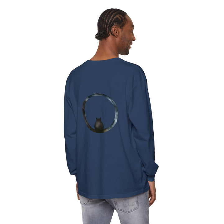 A close-up image of a Mystifying Sphere Unisex Long Sleeve T-Shirt in black, featuring a mysterious and captivating design of an otherworldly sphere surrounded by swirling patterns, perfect for adding a touch of intrigue and style to any outfit