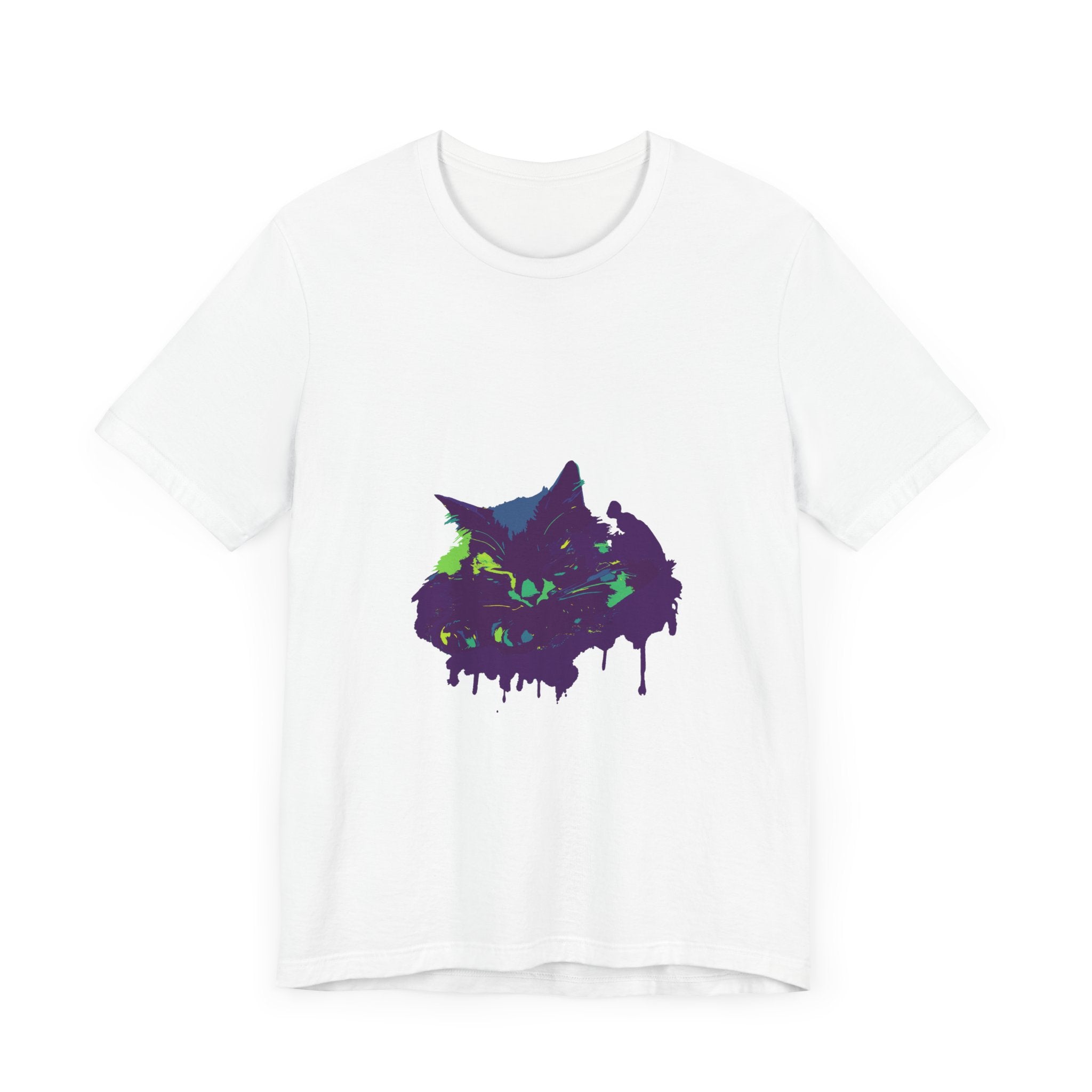 Black Cat Mystery t-shirt with vibrant colorful paint splatter design for a bold and edgy look